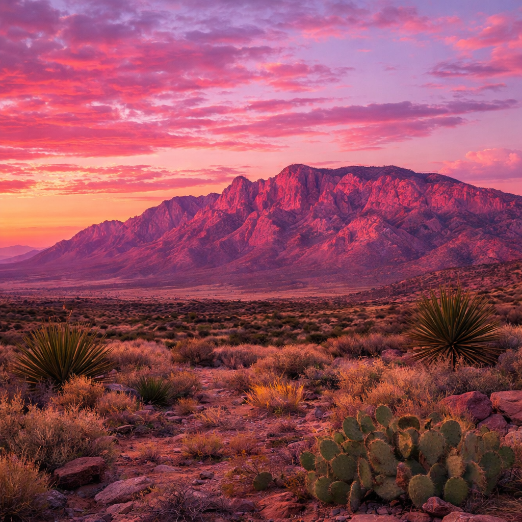Sunset lighting bathes desert landscape with cacti and shrubs beneath jagged mountains